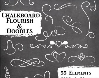 Chalkboard Clip Art - Flourish and Doodles Clipart Set -Commercial Use Vector - 55 Images in PNG and EPS format - Free Chalkboard Background