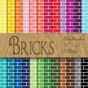 Bricks Paper Digital Paper - Colorful Brick Wall Backgrounds -  24 Colors - 12in x 12in - Commercial Use -  INSTANT DOWNLOAD