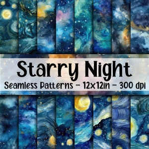 Patrones sin costuras de galaxias de noche estrellada - Papel digital de acuarela de noche estrellada - 16 diseños - 12 x 12 pulgadas - Uso comercial - Patrón de noche estrellada