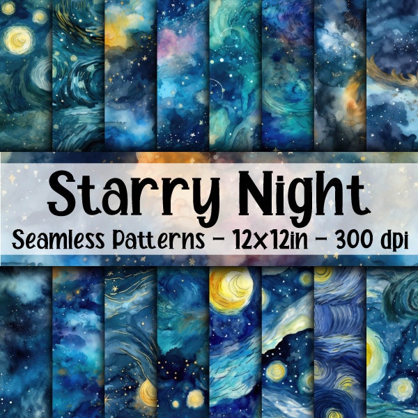 Starry Night Galaxy SEAMLESS Patterns - Watercolor Starry Night Digital Paper - 16 Designs - 12x12in - Commercial Use - Starry Night Pattern