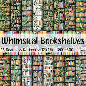 Könnte beinhalten: 16 nahtlose digitale Papiermuster mit Aquarell-Illustrationen von Bücherregalen, die mit bunten Büchern und Grün gefüllt sind. Jedes Muster ist 12x12 Zoll groß und hat 300 dpi.