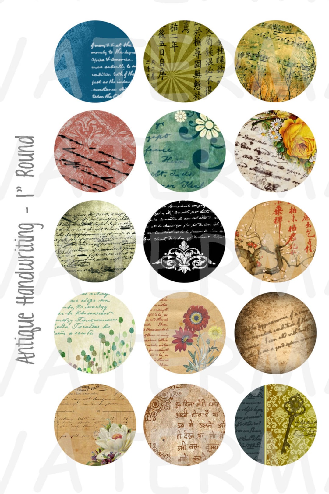 Antique Handwriting - 4 X 6 Digital Collage Sheet - 1 Inch Round ...