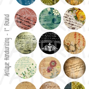Hoja de collage digital de escritura a mano antigua de 4 x 6 pulgadas, círculos de 1 pulgada, DESCARGA INSTANTÁNEA