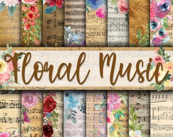 Floral Music Digital Papers - Watercolor Flowers and Vintage Music Backgrounds -  16 Designs - 12x12in - Commercial Use - Floral Sublimation