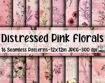 Distressed Pink Florals SEAMLESS Patterns - Pink Flower Ephemera Digital Paper - 16 Designs - 12x12in - Commercial Use