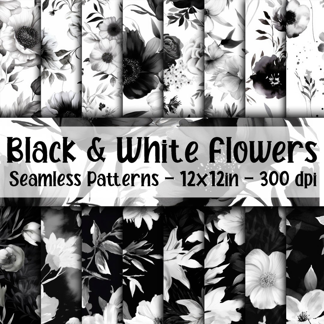 Black and White Flowers SEAMLESS Patterns - Floral Digital Paper - 16 ...
