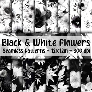 Schwarzweiss-Blumen-NAHTLOS-Muster - Blumen-Digital-Papier - 16 Designs - 30,5 x 30 cm - Kommerzielle Nutzung - Schwarz-Weiß-Blumenpapiere