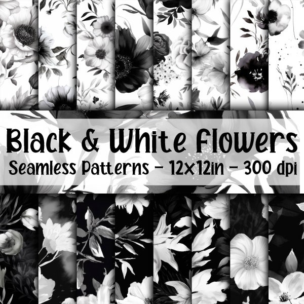 Black and White Flowers SEAMLESS Patterns - Floral Digital Paper - 16 Designs - 12x12in - Commercial Use - Black and White Floral Papers