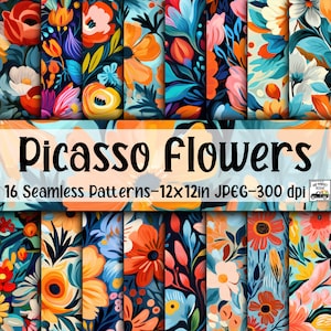 Picasso Blumen SEAMLESS Muster - buntes Blumen Digital Papier - 16 Designs - 12 x 12 Zoll - Kommerzielle Nutzung - Abstrakte Blumenmuster