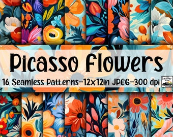 Picasso Flowers SEAMLESS Patterns - Colorful Floral Digital Paper - 16 Designs - 12x12in - Commercial Use - Abstract Flower Patterns