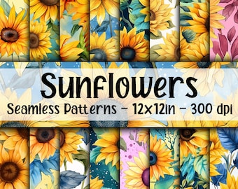 Sunflower SEAMLESS Patterns - Watercolor Sunflowers Digital Paper - 16 Designs - 12x12in - Commercial Use - Flower Patterns
