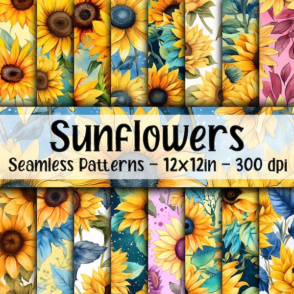 Sunflower SEAMLESS Patterns - Watercolor Sunflowers Digital Paper - 16 Designs - 12x12in - Commercial Use - Flower Patterns
