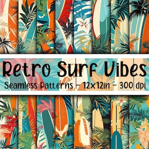 Motifs transparents Retro Surf Vibes - Papier numérique Retro Surf Vibes - 16 modèles - 30 x 30 cm - Usage commercial - Planches de surf et fleurs