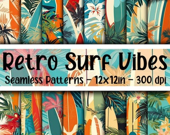 Retro Surf Vibes SEAMLESS Patterns - Retro Surf Vibes Digital Paper - 16 Designs - 12x12in - Commercial Use - Surf Boards and Flowers