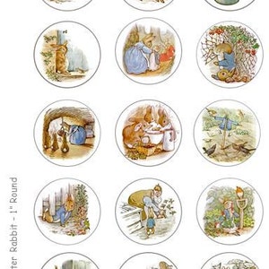 May include: Twelve round stickers featuring illustrations from the children's book "Peter Rabbit" by Beatrix Potter. The stickers feature various scenes from the book, including Peter Rabbit hiding in a garden, Peter Rabbit in a field, and Peter Rabbit in a burrow.