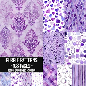 Peut inclure: Une collection numérique de 108 pages à motifs violets présentant des designs à l'aquarelle incluant damas, cœurs, écailles, feuilles, cercles, papillons, étoiles, lunes, quatrefeuilles, couronnes florales et rayures avec le texte PURPLE PATTERNS - 108 PAGES - 3600 X 5400 PIXELS - 300 DPI.
