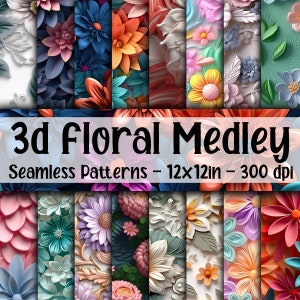 3d Flower Medley - 3d Flower Digital Papers -  16 Designs - 12x12in - Commercial Use - 3d Flower Sublimation