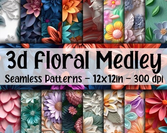3d Flower Medley - 3d Flower Digital Papers -  16 Designs - 12x12in - Commercial Use - 3d Flower Sublimation
