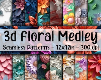May include: A set of 12 digital seamless patterns featuring 3D floral designs in various colours, including pink, blue, green, white, and yellow. The patterns are 12x12 inches and 300 dpi.