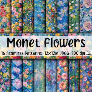 Monet Blumen NAHTLOS Muster - Monet Blumen Digitales Papier - 16 Designs - 30 x 30 cm - Kommerzielle Nutzung - Florale Muster