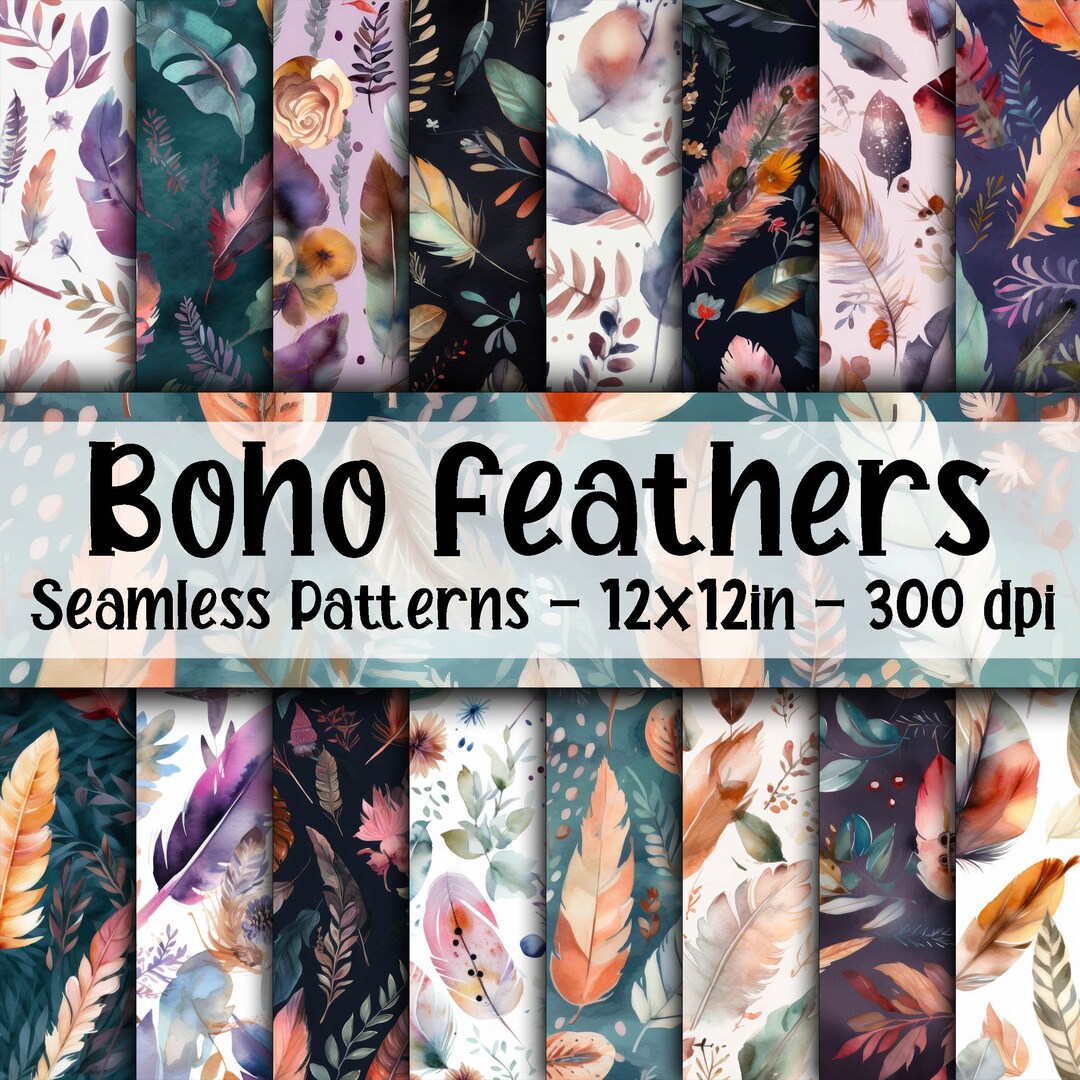 Watercolor Boho Feathers SEAMLESS Patterns - Boho Feathers Digital ...