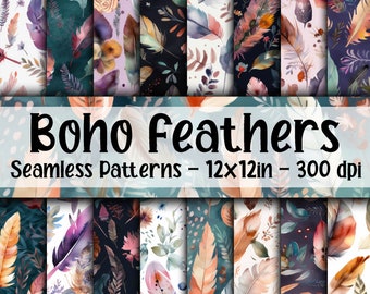 Watercolor Boho Feathers SEAMLESS Patterns - Boho Feathers Digital Paper - 16 Designs - 12x12in - Commercial Use - Boho Patterns