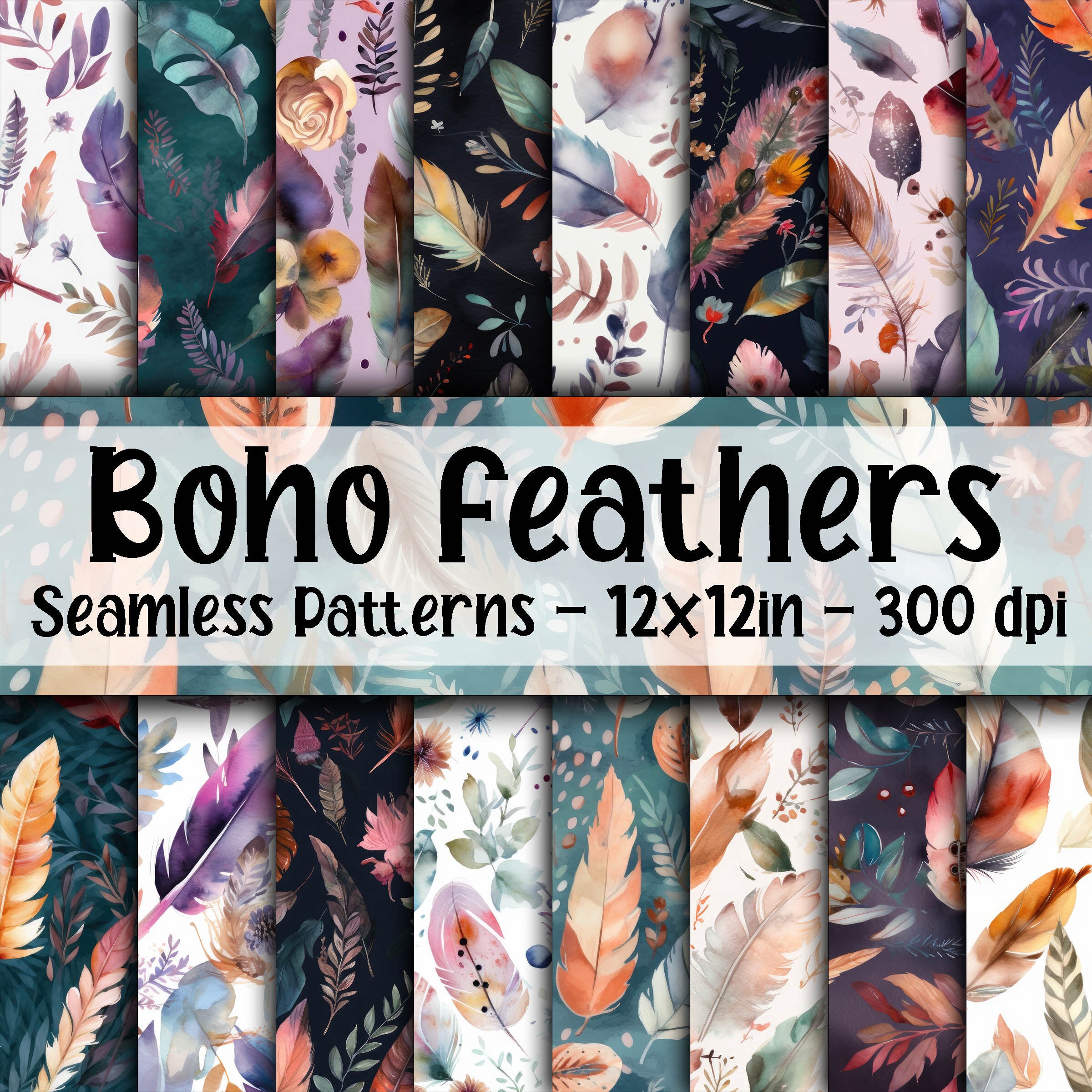 Watercolor Boho Feathers SEAMLESS Patterns - Boho Feathers Digital ...