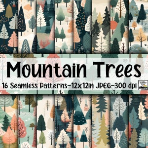 Whimsical Mountain Trees SEAMLESS Patterns - Watercolor Mountain Trees Digital Paper - 16 Designs - 12x12in - Commercial Use