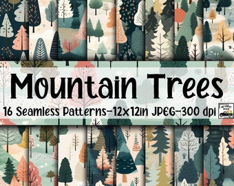 Whimsical Mountain Trees SEAMLESS Patterns - Watercolor Mountain Trees Digital Paper - 16 Designs - 12x12in - Commercial Use