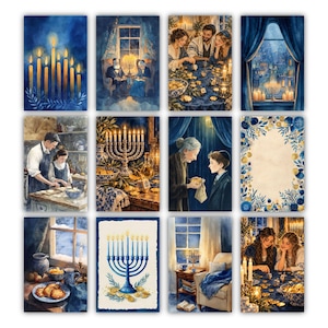 May include: A collection of twelve rectangular greeting cards featuring watercolor illustrations of Hanukkah scenes, including lit menorahs, families gathering, traditional foods, and blue and gold floral borders on a white background.