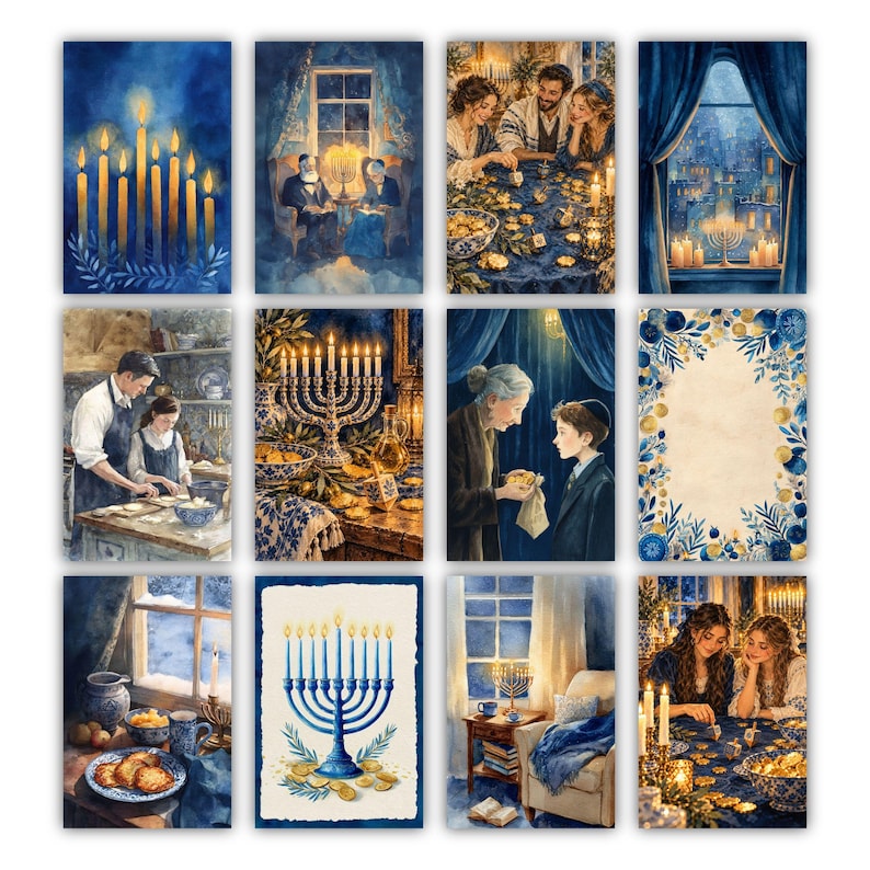 May include: A collection of twelve rectangular greeting cards featuring watercolor illustrations of Hanukkah scenes, including lit menorahs, families gathering, traditional foods, and blue and gold floral borders on a white background.
