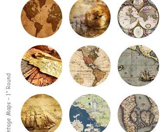 Antique Maps - 4 x 6 Digital Collage Sheet  - 1 inch Round Circles - INSTANT DOWNLOAD
