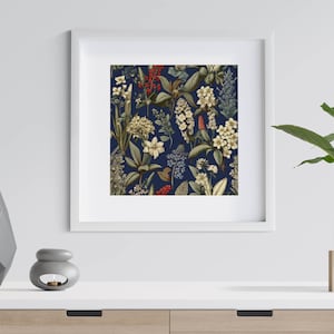 May include: A framed print with a floral pattern on a dark blue background. The print features various flowers and leaves in shades of white, green, red, and blue.