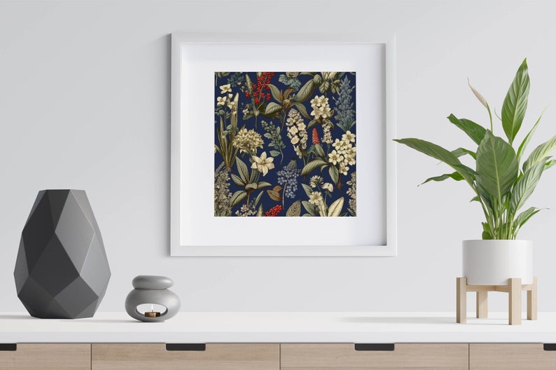 May include: A framed print with a floral pattern on a dark blue background. The print features various flowers and leaves in shades of white, green, red, and blue.