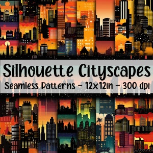 Silhouette Cityscapes SEAMLESS Patterns - City Silhouette Digital Paper - 18 Designs - 12x12in - Commercial Use - City Digital Paper Pattern