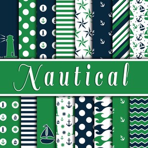 Nautical Digital Paper - Green and Navy Blue Backgrounds and Designs - 16 Designs - 12in x 12in - Commercial Use - INSTANT DOWNLOAD