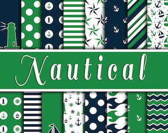 Papel digital náutico - Fondos y diseños en verde y azul marino - 16 diseños - 30 x 30 cm - Uso comercial - DESCARGA INSTANTÁNEA