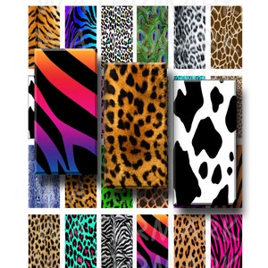 May include: A set of 16 dominoes featuring different animal prints, including zebra, leopard, tiger, cow, giraffe, and peacock. Each domino is 1 inch by 2 inches.