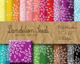 Dandelion Seeds Digital Paper - Colorful Dandelion Seed Backgrounds -  24 Colors - 12in x 12in - Commercial Use -  INSTANT DOWNLOAD