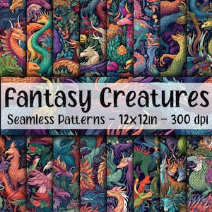 Fantasy Creatures SEAMLESS Patterns - Dragons Digital Paper - 16 Designs - 12x12in - Commercial Use - Fantasy Creatures Patterns