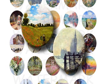 Claude Monet Paintings - Digital Collage Sheet   - 30x40mm Ovals - INSTANT DOWNLOAD