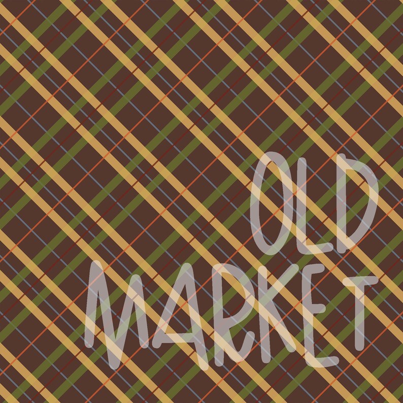 May include: A brown and tan plaid background with the text "OLD MARKET" in white.