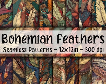 Bohemian Feathers SEAMLESS Patterns - Bohemian Feathers Digital Paper -  16 Designs - 12x12in - Commercial Use - Feathers Sublimation