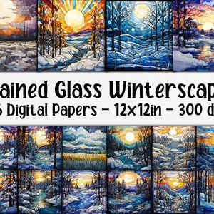 Papeles digitales con paisajes invernales en vidrieras - Fondos de vidrieras con paisajes invernales - 16 diseños - 12 x 12 pulgadas - Uso comercial
