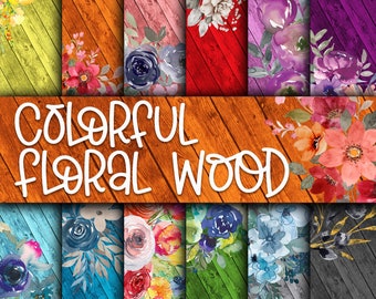 Colorful Floral Wood Digital Papers - Watercolor Flower and Wood Backgrounds -  12 Designs - 12x12in - Commercial Use - Floral Sublimation
