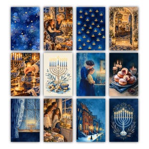 May include: A collection of twelve rectangular cards featuring Hanukkah-themed illustrations in shades of blue, gold, and white. The images depict a menorah, a dreidel, jelly donuts, and family scenes, all rendered in a painterly, artistic style.