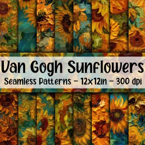 Motifs transparents tournesols Van Gogh - empâtement tournesols papier numérique - 16 modèles - 12 x 12 po - usage commercial - empâtement fleurs Van Gogh