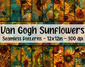 Van Gogh Sunflowers SEAMLESS Patterns - Impasto Sunflowers Digital Paper - 16 Designs - 12x12in - Commercial Use - Impasto Van Gogh Flowers