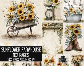 Papeles digitales con diseño de girasoles estilo granja / 102 páginas imprimibles para diario creativo / Elementos florales vintage / Girasoles rústicos / Descarga digital