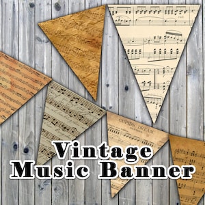 Puede incluir: Banner de música vintage con fondo de madera rústica. El banner está hecho de papel en forma de triángulo con notas musicales impresas en él. El texto "Vintage Music Banner" está impreso en negro en el banner.